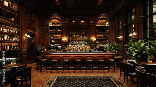 Luxurious hotel bar, city view, evening (1)