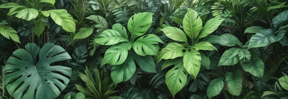 Watercolor drawing of lush green leaves in a tropical garden, nature, drawing, tropical, foliage Watercolor drawing of lush green leaves in a tropical garden, nature, drawing, tropical, foliage