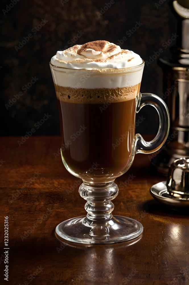 Warm decadent Irish coffee topped with swirls of white whipped cream on cafe wooden table, cozy indulgence refreshing beverage drink Warm decadent Irish coffee topped with swirls of white whipped cream on cafe wooden table, cozy indulgence refreshing beverage drink