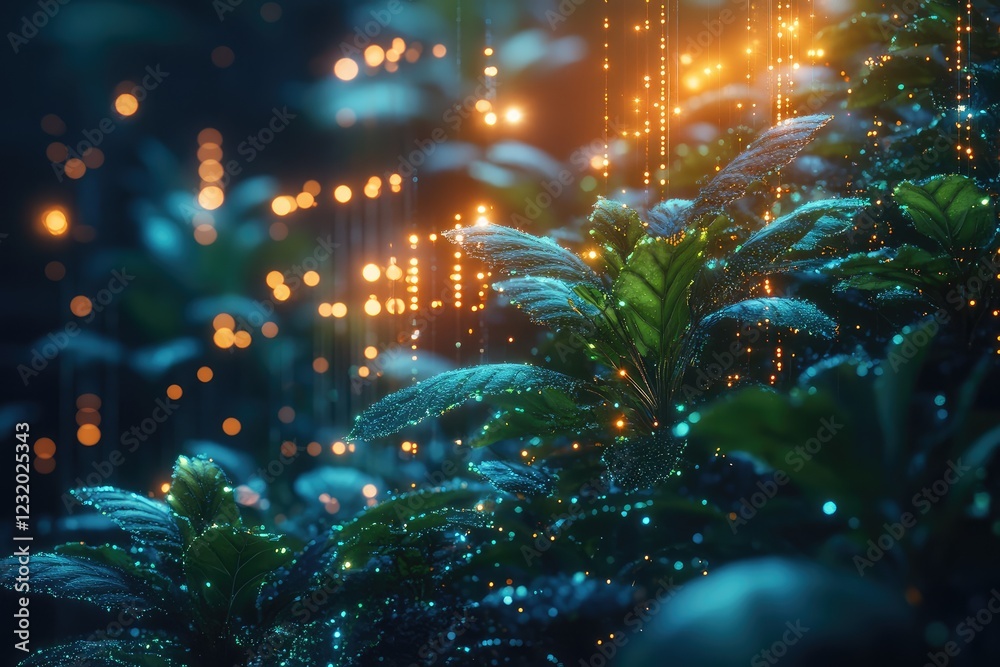 Obraz premium Digital ecosystems thriving with tech flora and fauna in a glowing cyber environment.