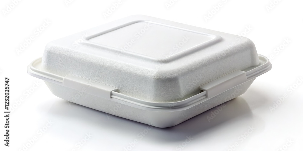 Miniature tilted-shift image: an empty white styrofoam container, blank label, isolated. Perfect packaging mockup. Miniature tilted-shift image: an empty white styrofoam container, blank label, isolated. Perfect packaging mockup.