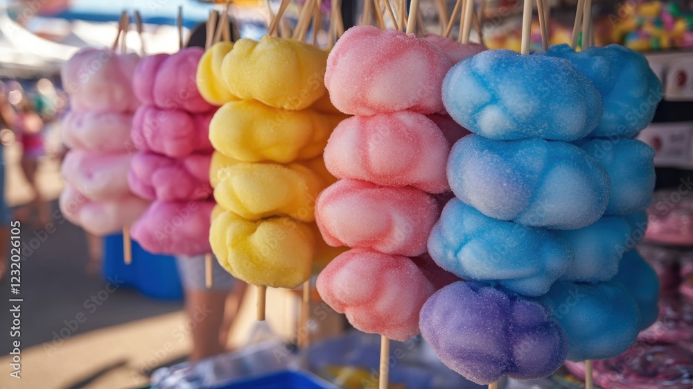 Colorful cotton candy displayed at a lively fairground in summer under bright sunlight Colorful cotton candy displayed at a lively fairground in summer under bright sunlight