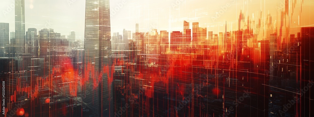 Fototapeta premium Cityscape at sunset with superimposed stock market data.