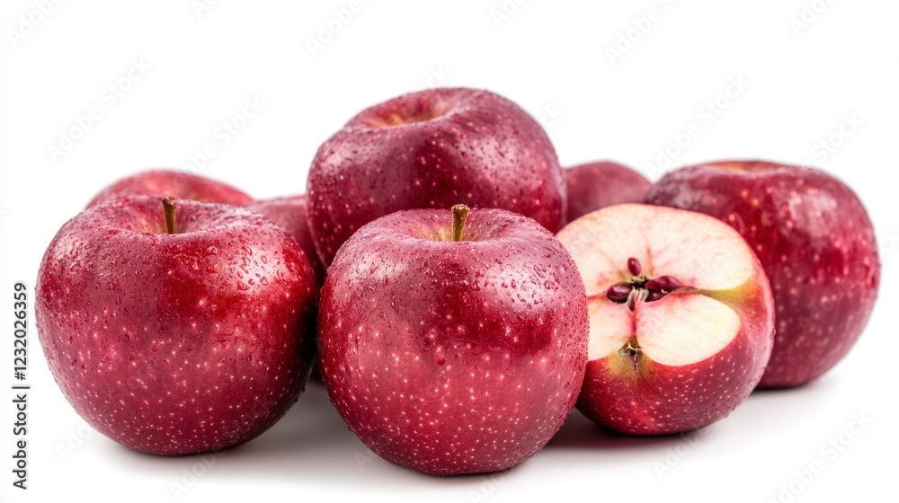 Fresh Red Apples Isolated on White Background with a Slice Showing Juicy Interior and Textured Skin Fresh Red Apples Isolated on White Background with a Slice Showing Juicy Interior and Textured Skin
