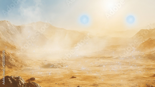 Alien planet desert in cosmos. Mars landscape with ocher ground surface with sandstorm, rocks, blue sparkles, two suns on sky. Martian extraterrestrial pc game backdrop, Cartoon vector illustration photo