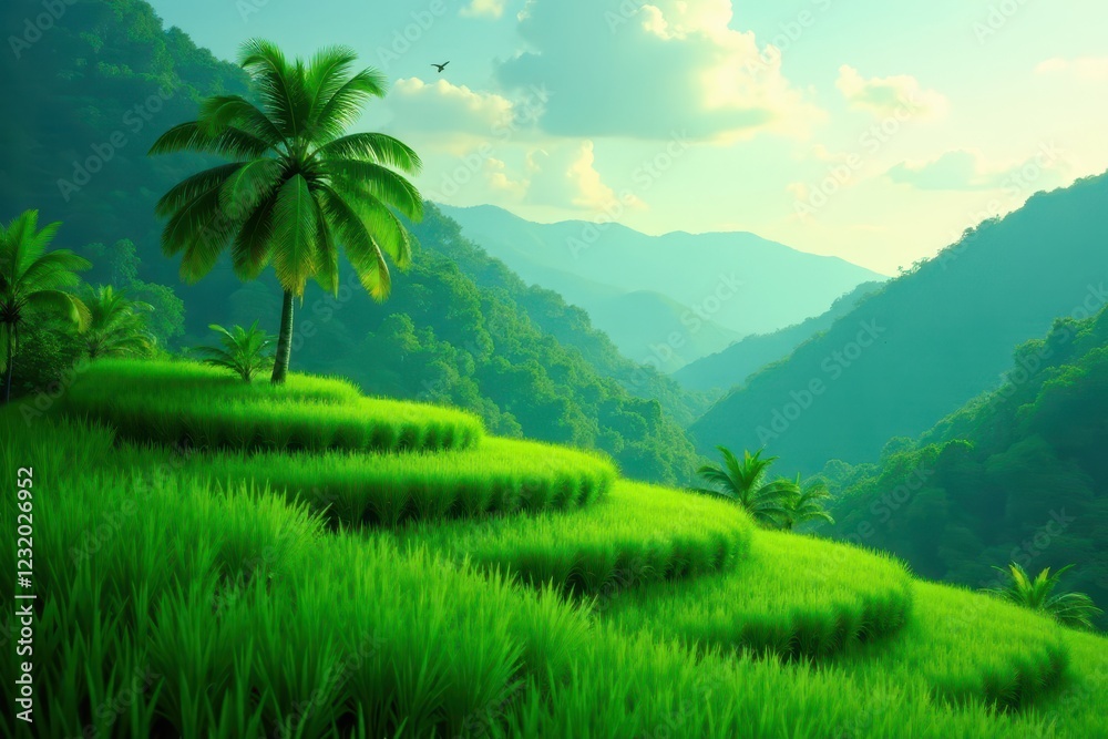 Obraz premium Green rice paddy steps, vibrant jungle canopy, single palm tree silhouette , outdoor, foliage