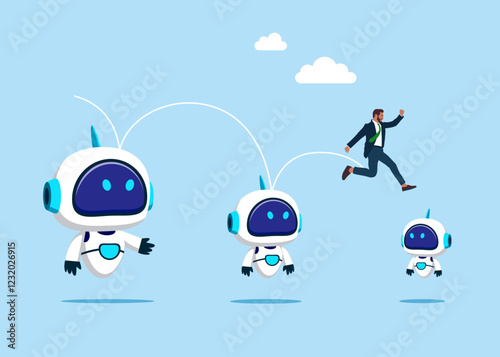Reduced technology, crisis. Businessman jumping from on smaller cyborg with smaller artificial intelligence. Vector illustration in flat style. 