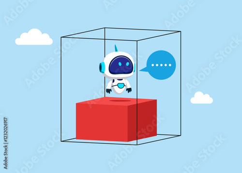 Robot sitting inside the box, presenting to introvert technology. Set privacy zone, personal barrier to focus or work boundary, space to be with yourself. Flat vector illustration.