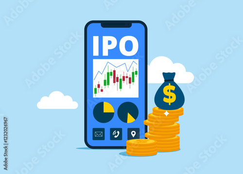 IPO. Invest stock market shares via smartphone app. Company growth. Investment. Initial public offering. Flat Vector illustration