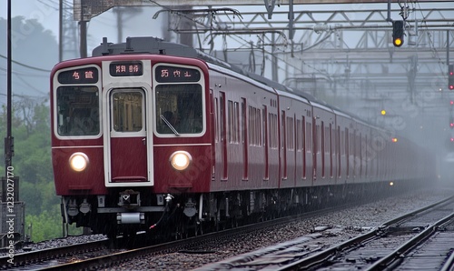 Red train arriving at station in rain