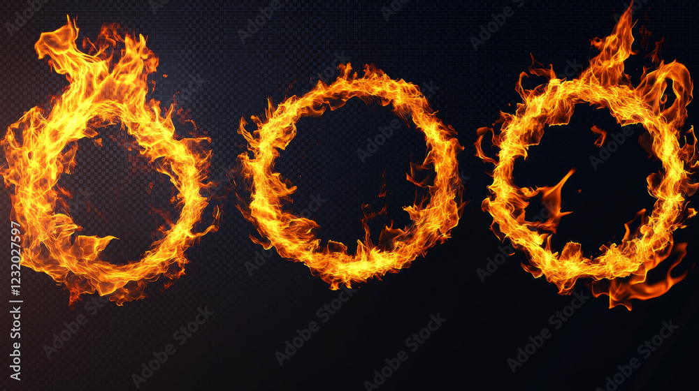 Ring fire flame, burning different shapes frames. Vector realistic mockup with ignited circle, square and rectangle borders, bright fiery banners isolated on transparent background Ring fire flame, burning different shapes frames. Vector realistic mockup with ignited circle, square and rectangle borders, bright fiery banners isolated on transparent background