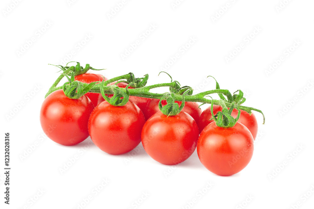 Branches of fresh cherry tomatoes isolated on white Branches of fresh cherry tomatoes isolated on white
