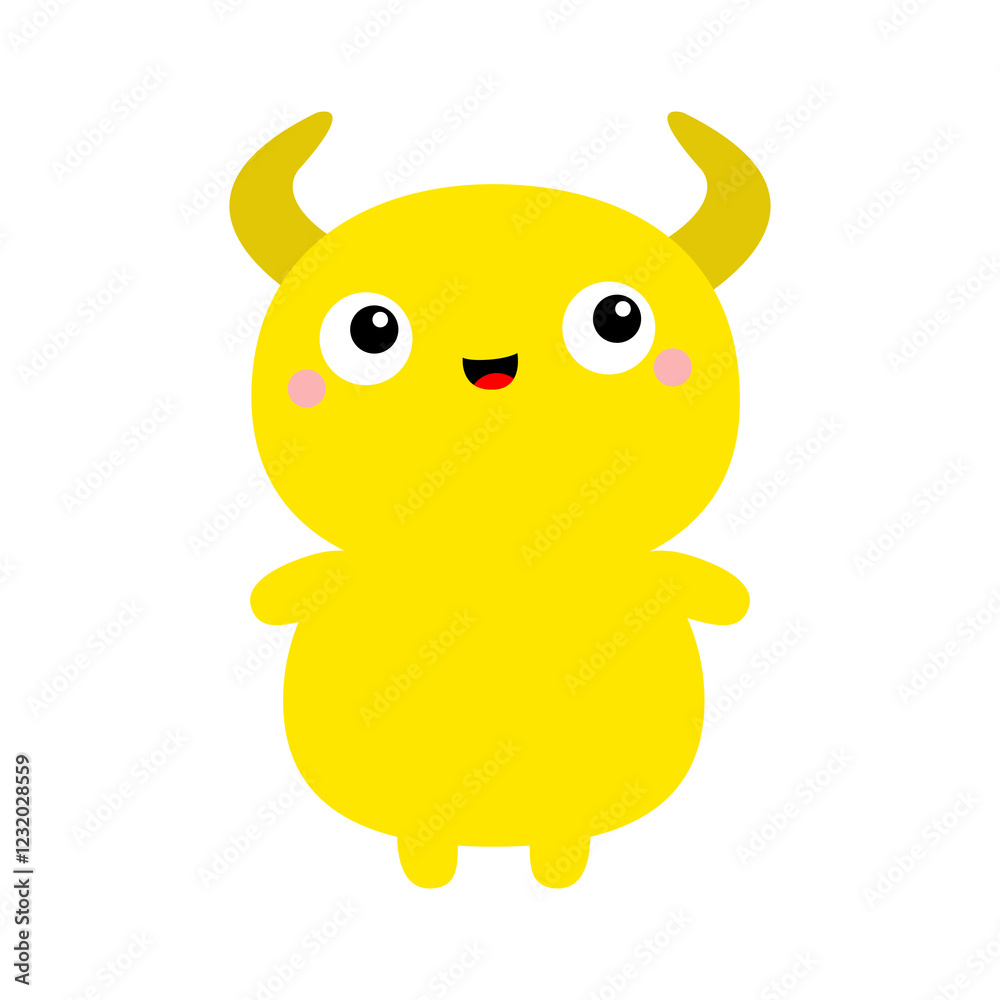 Obraz premium Yellow Monster. Happy Halloween. Cartoon kawaii funny character. Colorful silhouette monsters. Cute face with eyes, horns, hands. Childish baby collection. Flat design. White background. Vector