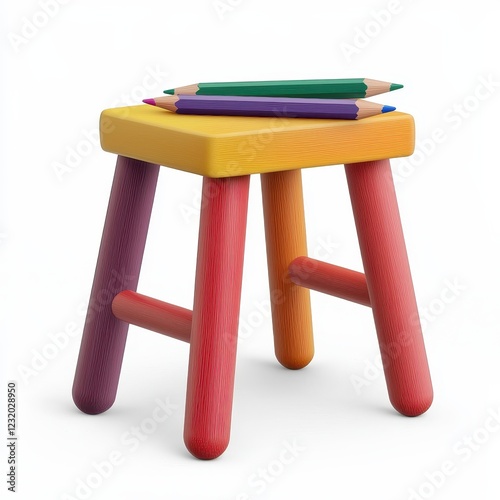 Colorful Wooden Child s Stool with Crayons Preschool Art Supplies Kids Furniture photo