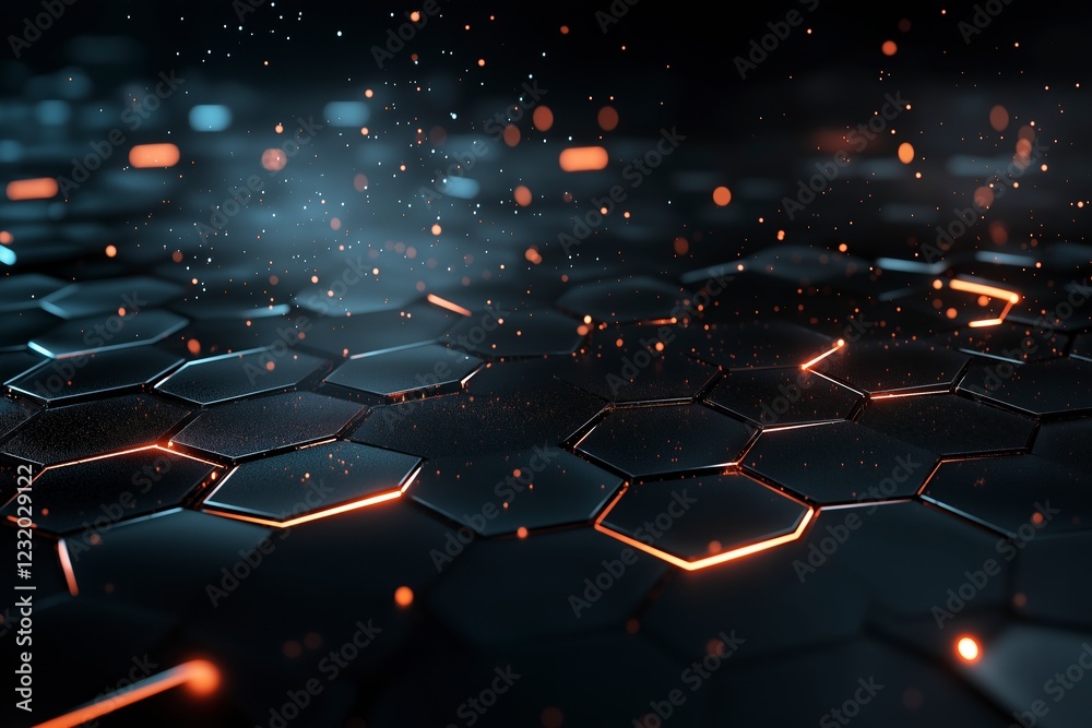 Fototapeta premium Dynamic hexagonal patterns illuminated with glowing edges create an ethereal atmosphere in a futuristic landscape. Generative AI