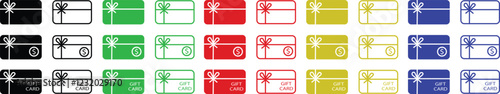 Gift cards line or flat icon set, black, colorful sign, trendy style pictogram collection isolated on transparent background. Loyalty card, gift, collect bonus, earn reward, win present, vector mono.