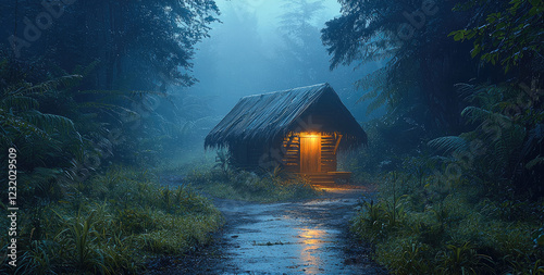 A small hut in the middle of a dense forest and foggy at night, the atmosphere is very dark but shady because after the rain.