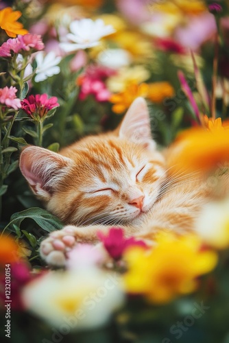 Cat in field of flowers