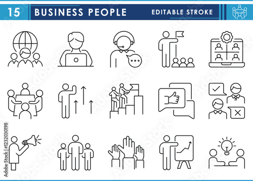 A set of line icons related to Business People. Businessman, trade, plan, unit, team, workers, and so on. Vector editable stroke.