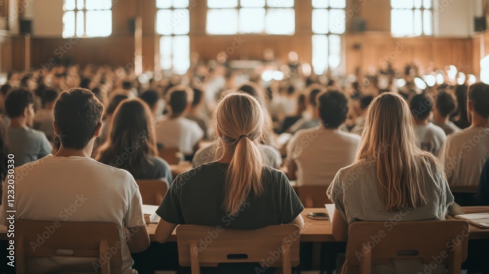 Rear view of students attentively listening to a lecture in a large hall.