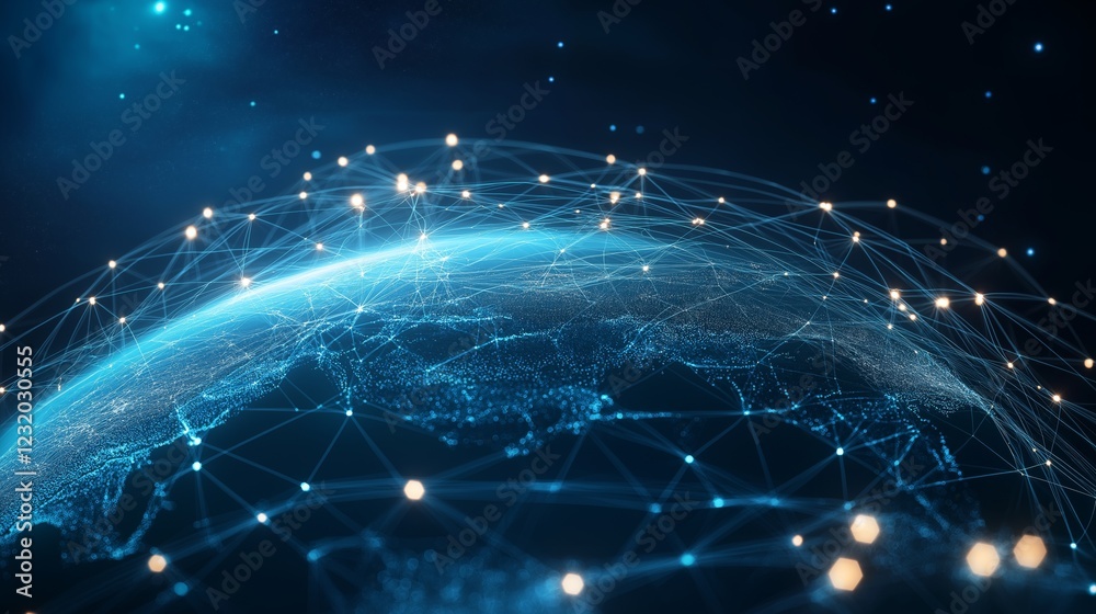 Glowing Earth with abstract network connections, symbolizing global connectivity and unity in a vast universe. Glowing Earth with abstract network connections, symbolizing global connectivity and unity in a vast universe.
