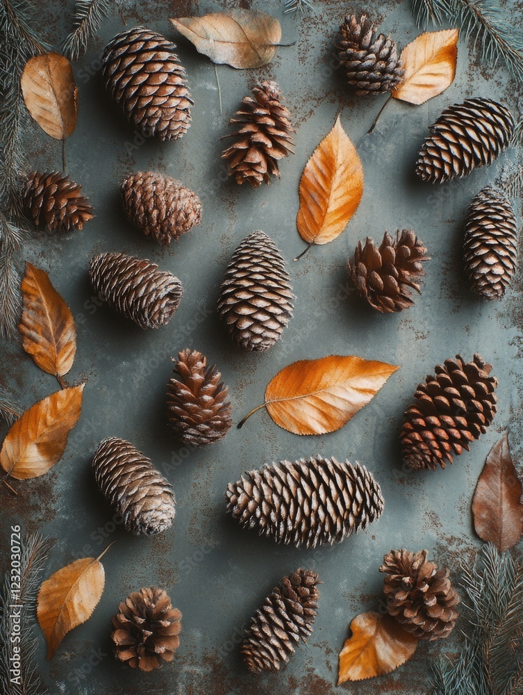 Pine Cones and Leaves on Table Pine Cones and Leaves on Table