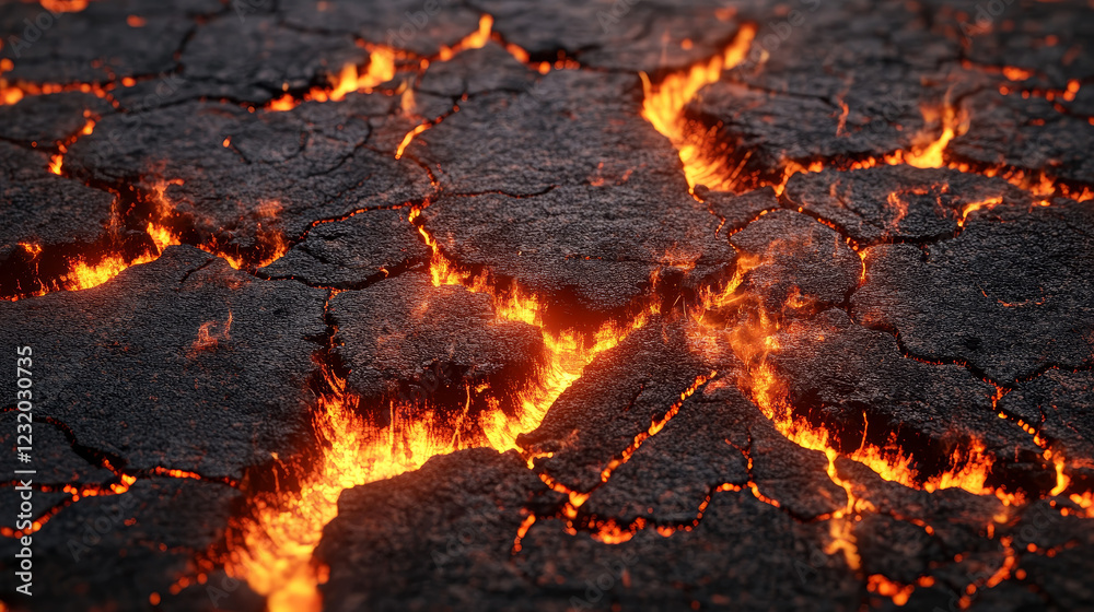 Ground cracks with hot molten magma. Lava and fire in breaks on land surface, fissures in ground from volcano or earthquake isolated on transparent background, vector realistic set