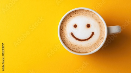 Happy coffee cup with smiley face on foamy latte against bright yellow background