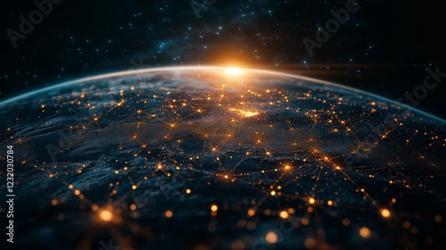 Glowing Earth with abstract network connections, symbolizing global connectivity and unity in a vast universe.
