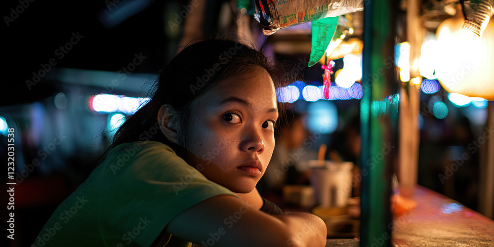 Obraz premium Portrait of Young Woman at Night Market Food Stall