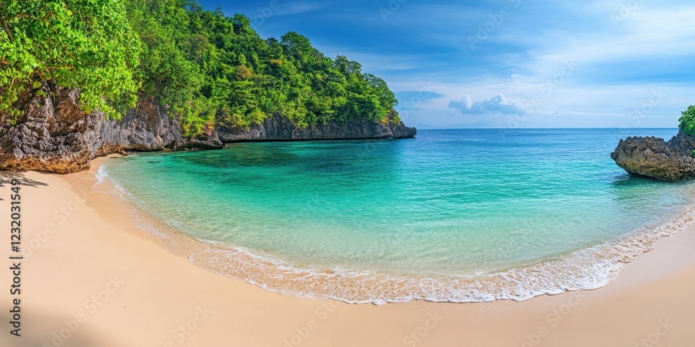 Serene beach with crystal clear water and lush green hills under a clear blue sky. Serene beach with crystal clear water and lush green hills under a clear blue sky.