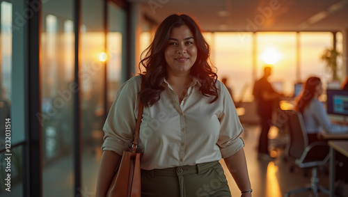 Una mujer hispana de talla grande saliendo del trabajo. A plus-size Hispanic woman leaving work. photo