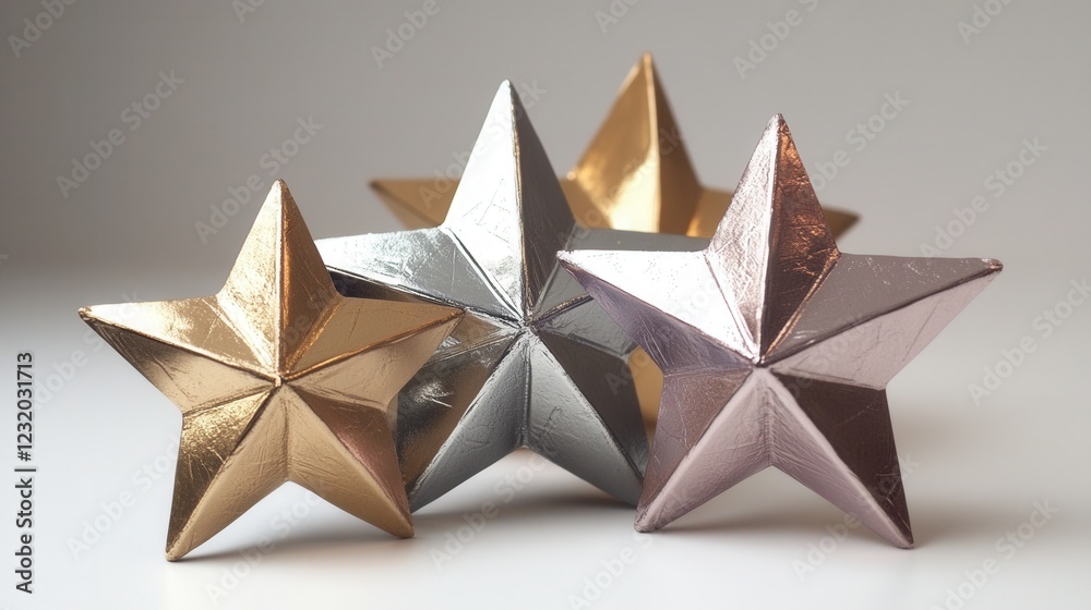 Obraz premium Bold metallic geometric stars on a transparent background, minimalist design for modern decor and digital projects.