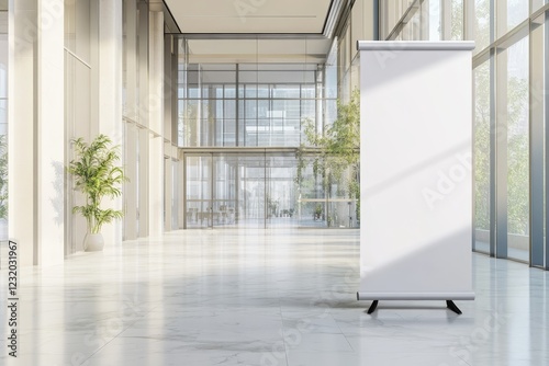 Blank retractable banner in modern lobby. (1)