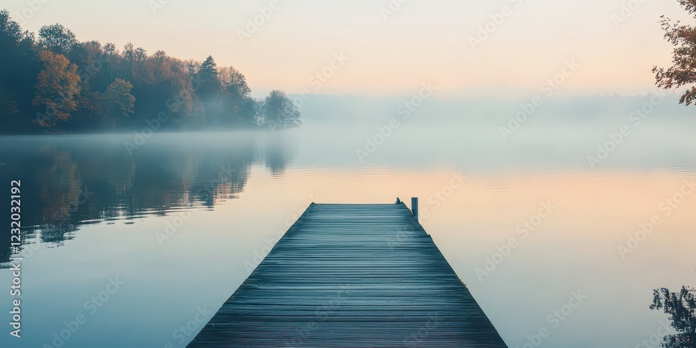 Serene misty morning by the lake with a wooden dock and calm waters reflecting nature. Serene misty morning by the lake with a wooden dock and calm waters reflecting nature.