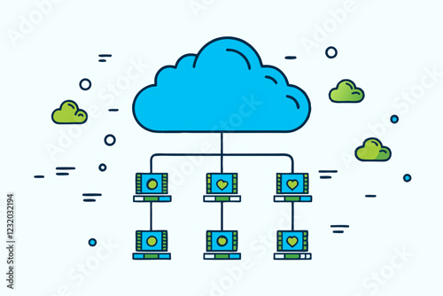 Digital informational technology web futuristic hologram with cloud icon, blue golden light digits and code background, cloud computing. Abstract Motion of digital data flow. 