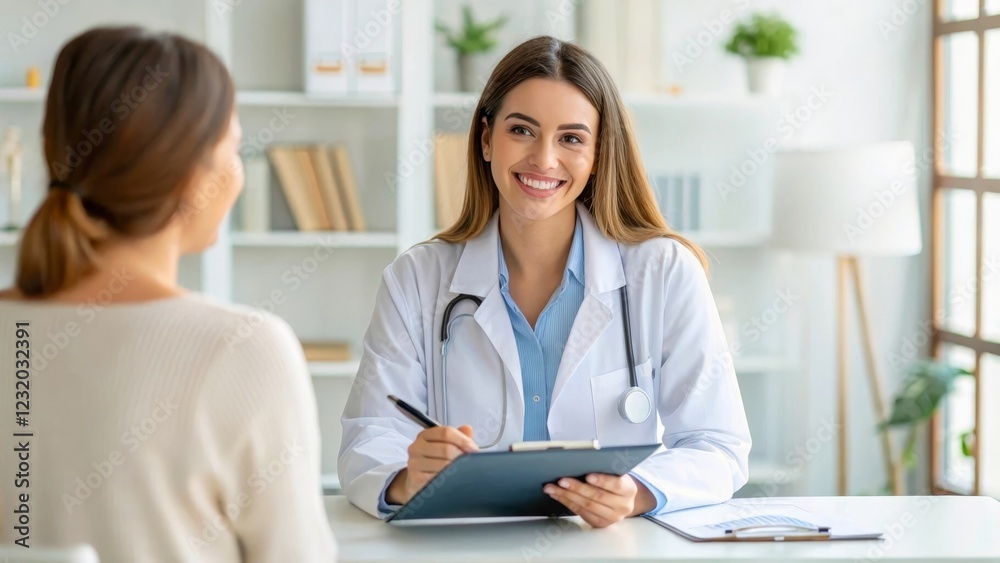 Friendly doctor consulting with patient in modern clinic with relaxed atmosphere Friendly doctor consulting with patient in modern clinic with relaxed atmosphere