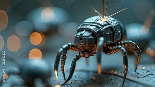 Futuristic mechanical bug-robot with a metal case and segmented legs on a dark background with a side effect in orange-turquoise tones. Macro -shooting in the style of cyberpunk. Generated by AI