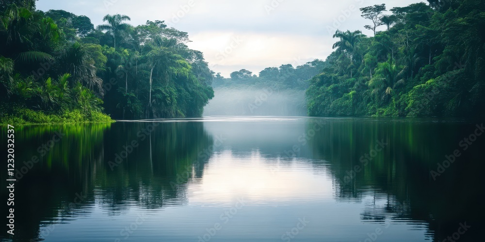 Obraz premium Serene river flowing through lush green forests under a misty sky.