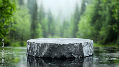 Stone podium in misty forest; product display