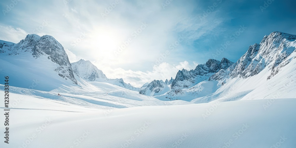 Obraz premium Stunning snow-covered mountains under a bright blue sky, creating a serene winter scene.