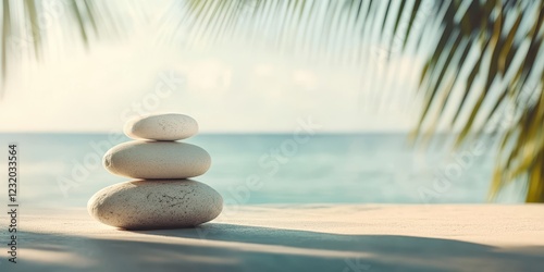 Three smooth stones stacked harmoniously by the serene beach under a palm tree.