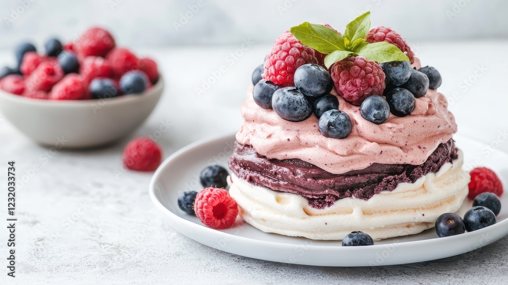 Delicious Raspberry and Blueberry Pavlova Dessert with Fresh Berries Delicious Raspberry and Blueberry Pavlova Dessert with Fresh Berries