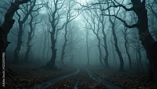  fEerie Halloween Woods with Misty Atmosphere and Twisted Trees, Creating Spooky Ambiance for Seasonal Themes. photo