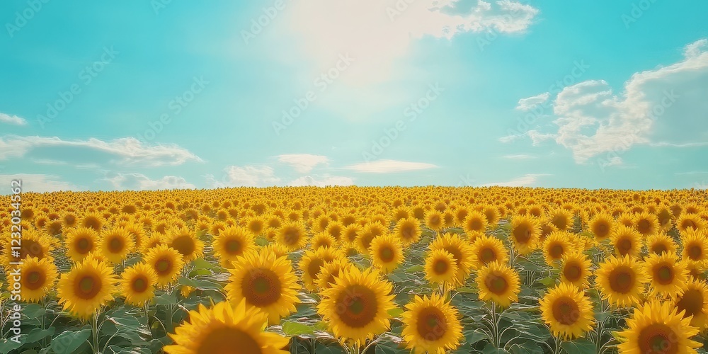 Fototapeta premium Vibrant sunflowers blooming under a bright blue sky during sunny summer days.