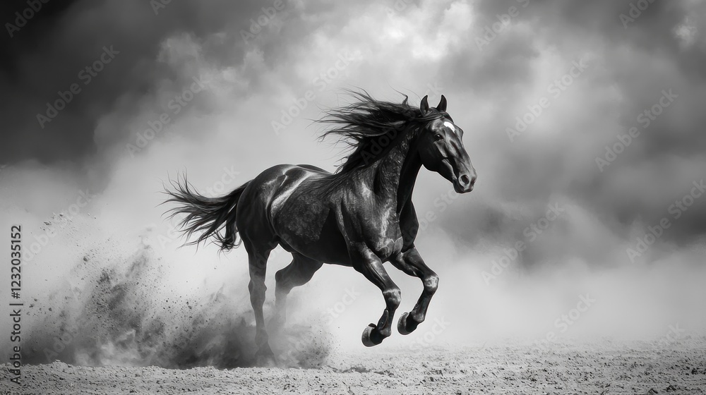 A wild mustang gallops across a dusty plain, its powerful stride and flowing mane embodying freedom. A wild mustang gallops across a dusty plain, its powerful stride and flowing mane embodying freedom.