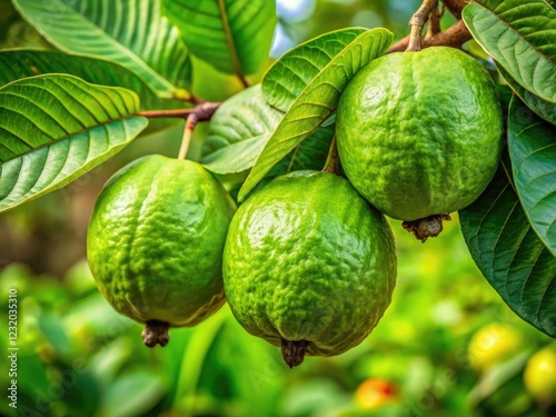 Vibrant green guavas cling to branches, a macro lens revealing their juicy texture.