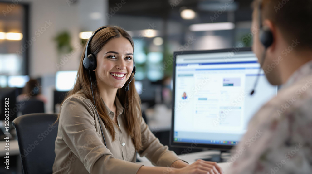 Professional Customer Service Representative Smiling in a Modern Call Center with Headset and Organized Workspace, Perfect for Corporate Training and Workplace Videos Professional Customer Service Representative Smiling in a Modern Call Center with Headset and Organized Workspace, Perfect for Corporate Training and Workplace Videos