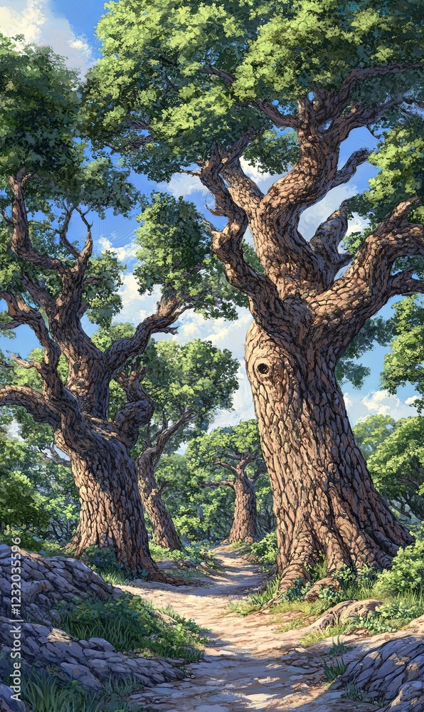 Sunlit path through ancient oak trees in a tranquil forest setting, ideal for nature backgrounds Sunlit path through ancient oak trees in a tranquil forest setting, ideal for nature backgrounds