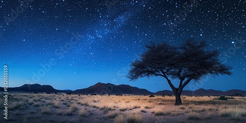 A breathtaking night sky filled with stars over a desert landscape with a solitary tree.
